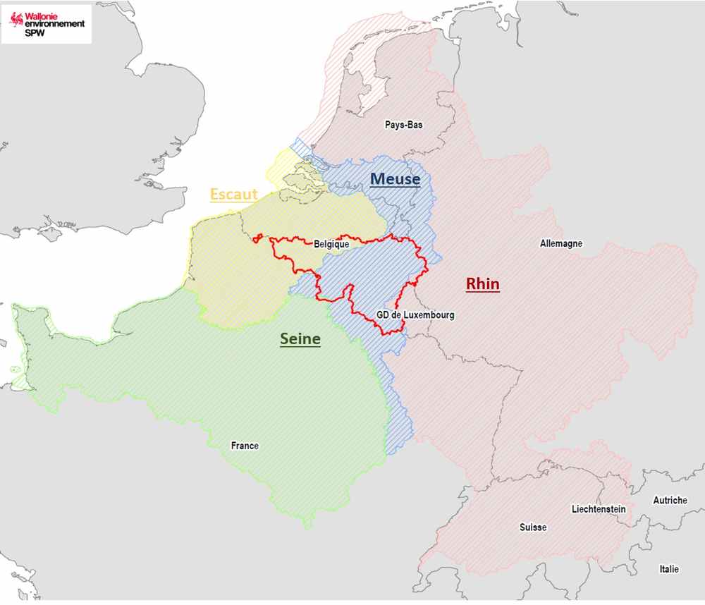 Carte des 4 Districtis Hydrograhiques Internationaux qui concernent la Wallonie